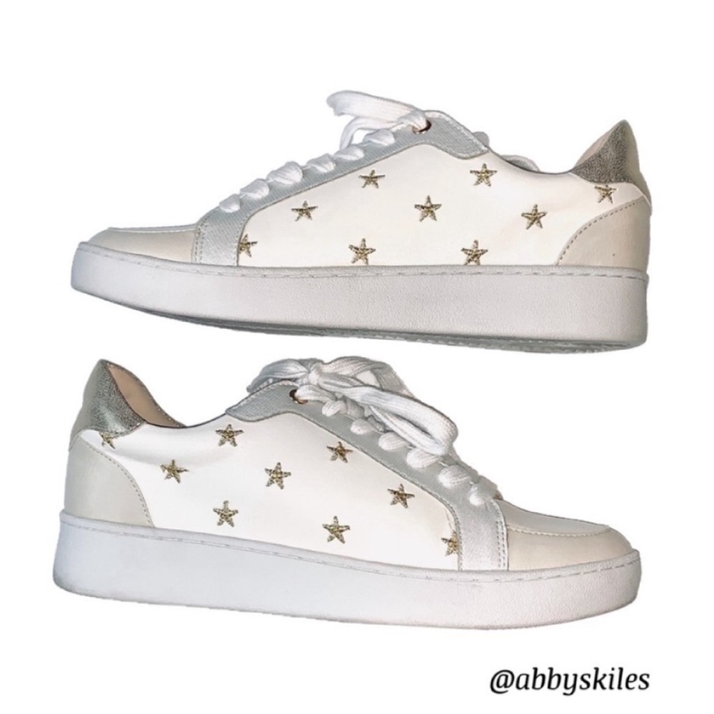 Altar’d State Sneakers White Vegan Leather Embroidered Metallic Gold Stars 7.5
